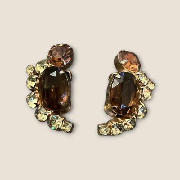 Vintage Estate Clip-On Earrings With Brown & light yellow Rhinestones - Picture 1 of 6
